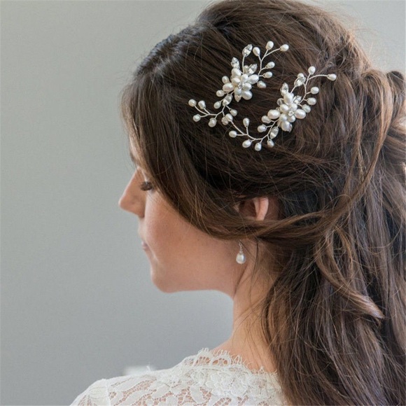 2 Pcs Crystal & Pearl Floral Vine Bridal Hair Pin - Picture 2 of 7